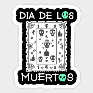 Dia De Los Muertos -  White and Green - Papel Picado - Black skulls Sticker